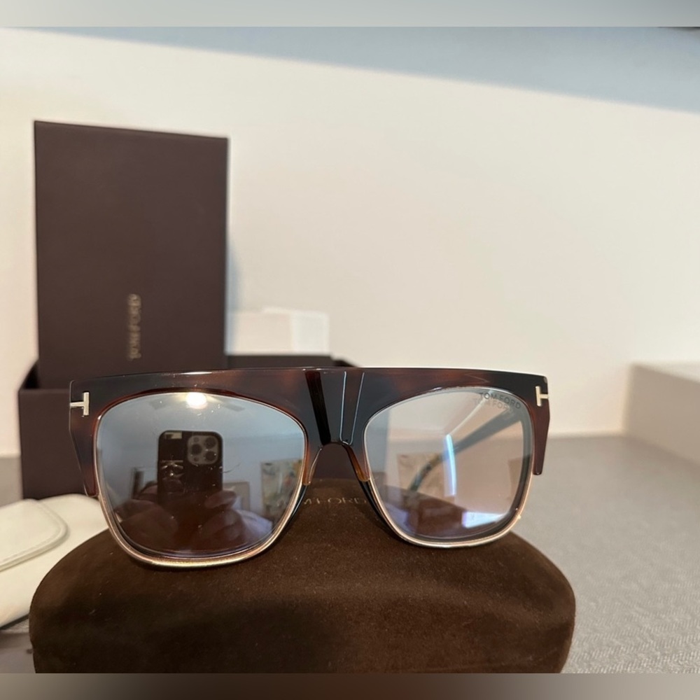 Tom Ford Brown Tortoise Square Sunglasses with Silver Reflective Lenses